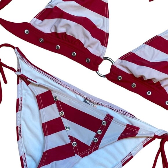Y2K Red & White Striped Triangle Bikini Set With Tie Closures & Ring Detail By S - Picture 3 of 5